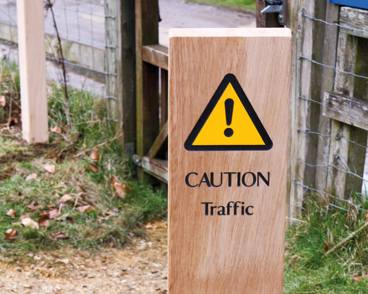Wooden Monolith Sign Post with 1-way top and engraved warning sign