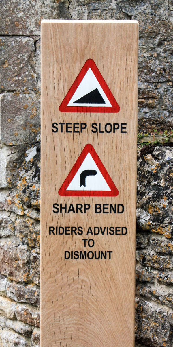 English Oak Monolith Sign Post with engraved and painted warning symbols