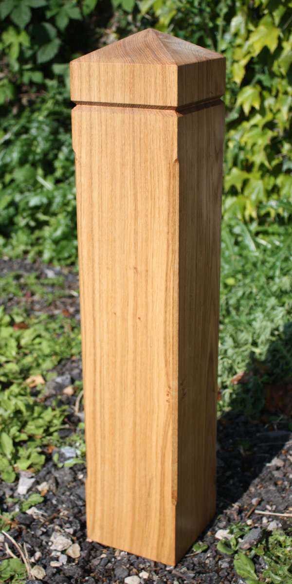 Wooden Bollard made from English Oak with 4-way top, routed pinstripe and fluted edges