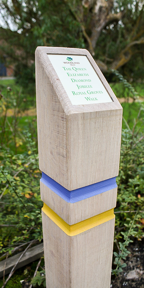 Wooden Waymarker Post Sign made from English Oak with 1-way sloping top featuring an inset mini interpretation panel