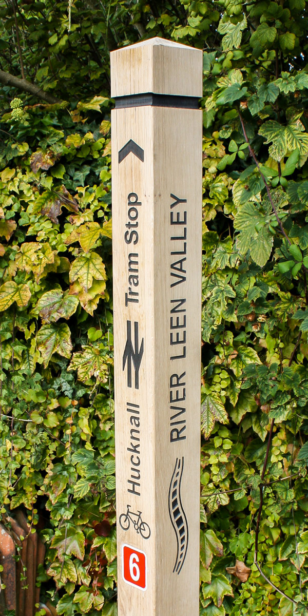Wooden Waymarker Post Bollard with engraved post lettering, 4-way sloped top and pinstripe